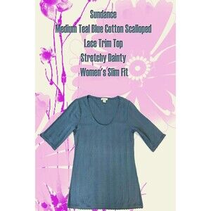 Sundance M Blue Cotton Scalloped Lace Trim Top Stretchy Dainty Women's Slim Fit